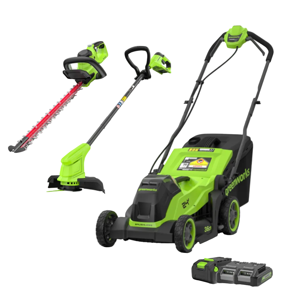 POWERALL 24V Rasenmäher 36cm + Rasentrimmer 25cm + Heckenschere 56cm Set