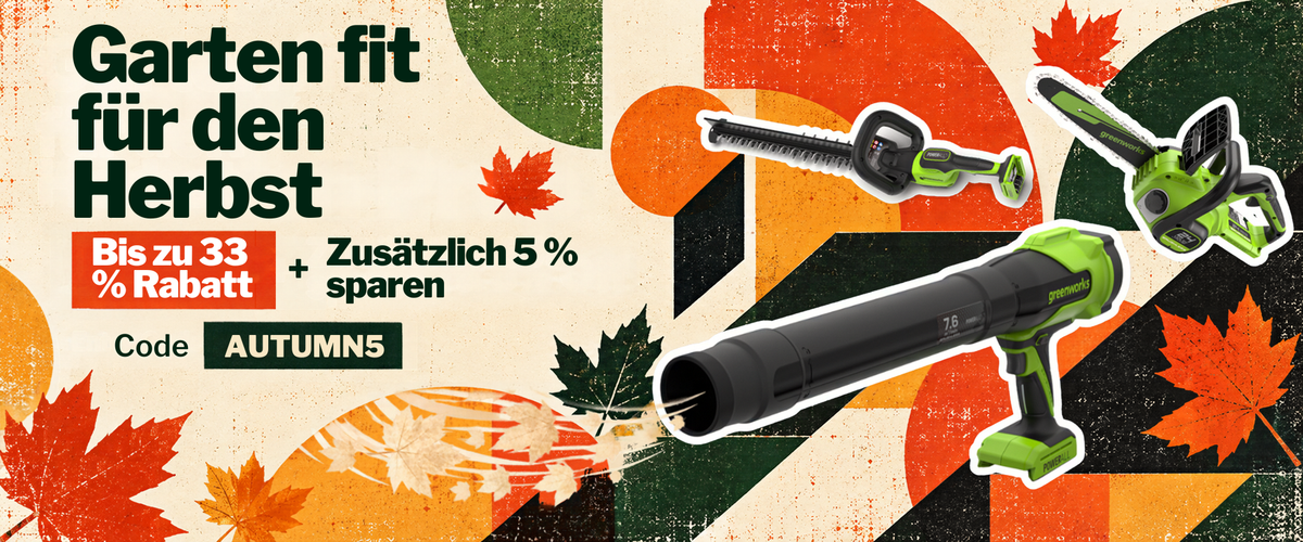 Promotional graphic for a garden tool bundle featuring a green and black leaf blower and hedge trimmer on an autumn-themed background with German text and seasonal graphics.