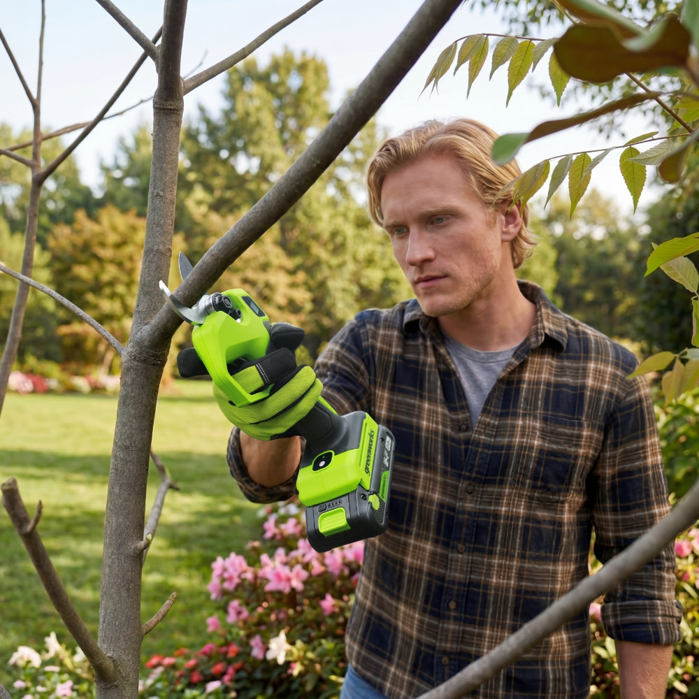 A man wearing a plaid shirt uses a cordless hedge trimmer in a garden, cutting a branch. The hedge trimmer is bright lime green and black, and the background shows a blurred green lawn and trees.