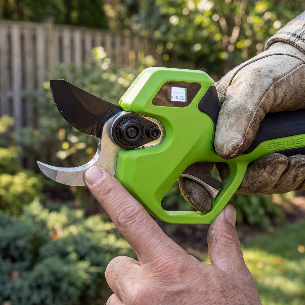 A close-up of a person's hands holding a green and black pruning shears tool outdoors in a garden setting, with one hand wearing a work glove.