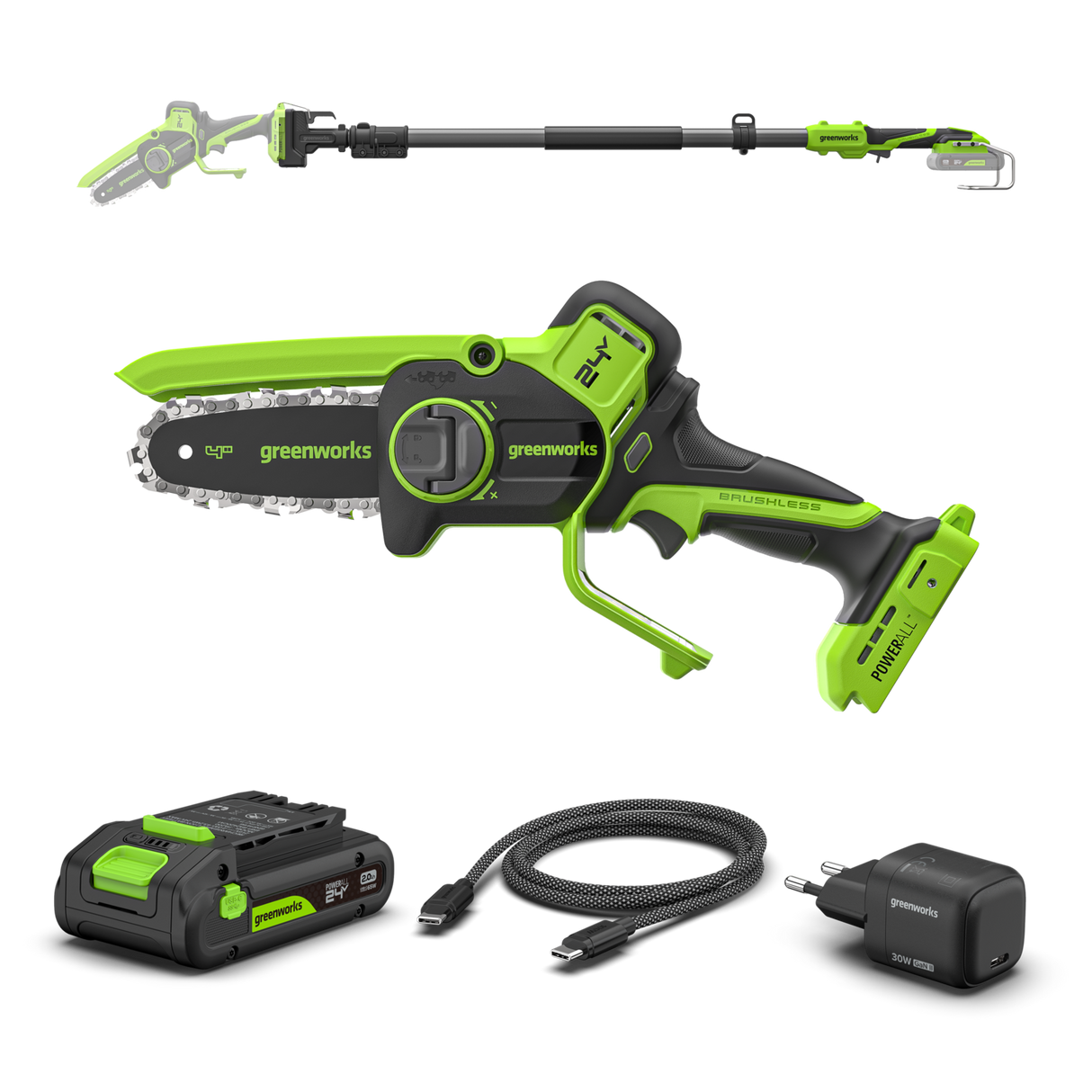 POWERALL 24V Mini-Kettensäge 10cm Gen. II mit Verlängerungsstab - 2Ah Akku