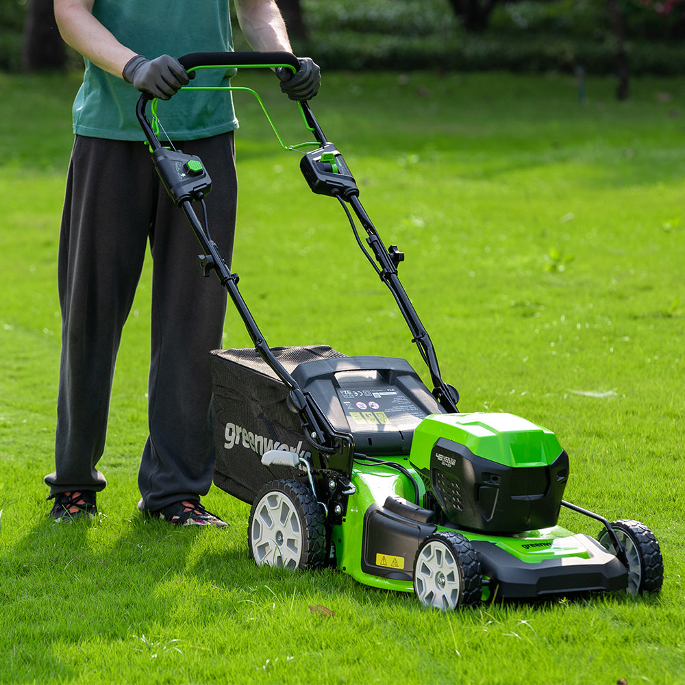 POWERALL 48V (24V x 2) Rasenmäher 46cm mit Radantrieb + Rasentrimmer 30cm Set