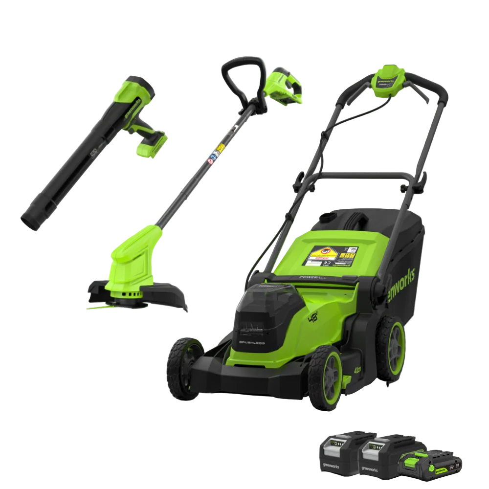 POWERALL 48V (24V x 2) Rasenmäher 41cm + 24V Rasentrimmer 25cm + 24V Laubbläser 209 km/h Set