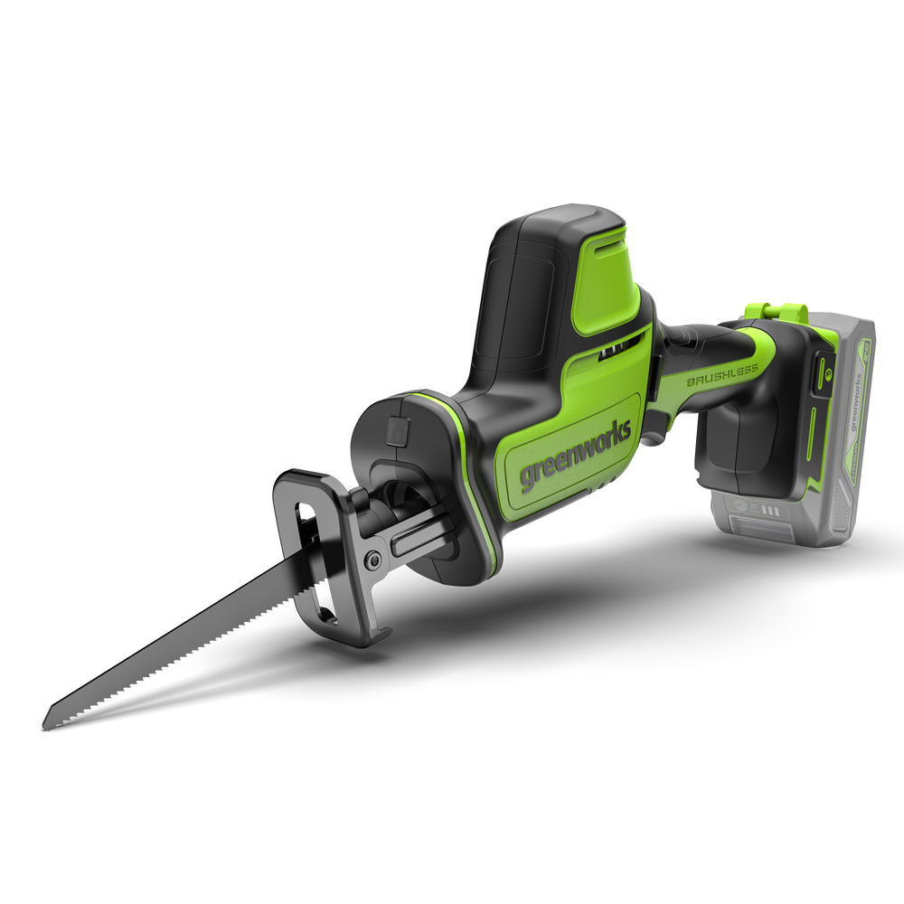 Greenworks cordless reciprocating saw on a white background