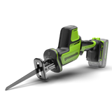 Greenworks cordless reciprocating saw on a white background