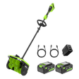Green and black cordless snow blower set with batteries and charger on a white background